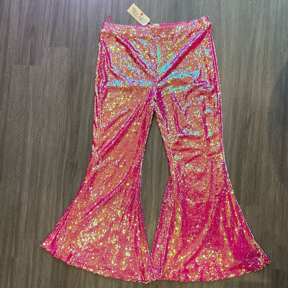 Souther Fired Chics Hot Pink Sequin Bell Bottom Pants